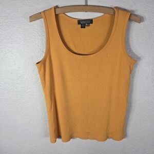 Ralph Lauren Women's Knit Tank Top SizeM Yellow Embroidered Logo Round Neck
